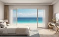 drawing bedroom with large glass door beach front seabreeze on ocean view hotel luxury house and villa Royalty Free Stock Photo