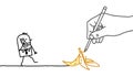 Drawing big hand and cartoon businessman - banana peel