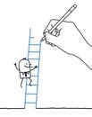 Drawing big hand and cartoon businessman - climbing up
