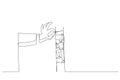 Drawing of big hand help businessman build ladder. Single line art style