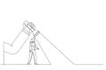 Drawing of big hand holding a flashlight uncovering hidden arrow sign for businesswoman. Single continuous line art Royalty Free Stock Photo