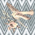 Drawing bird flying with flower roses tropical vintage print, seamless stripes zigzag pattern grunge retro background in pastel Royalty Free Stock Photo