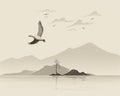 a drawing of a bird flying over a lake with mountains in the background Royalty Free Stock Photo