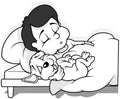 Drawing of a Black-haired Boy and Puppy Sleeping in Bed