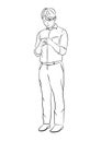 Drawing Black Outline Businessman standing and using the smartphone