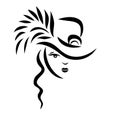 Drawing black sketch of a beautiful young girl in a musketeer hat with a feather Royalty Free Stock Photo