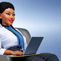 Drawing of black skinned businesswoman with computer for traveling by plane