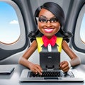 Drawing of black skinned businesswoman with computer for traveling by plane