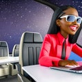 Drawing of black skinned businesswoman with computer for traveling by plane