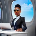 Drawing of black skinned businesswoman with computer for traveling by plane