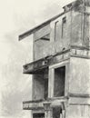 Drawing black and white of abandoned building