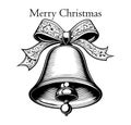 Drawing black and white Christmas bell with Merry Christmas inscription with bow and snowflakes. Royalty Free Stock Photo