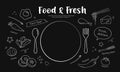 Drawing black and white food & fresh design on black background