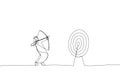 Drawing of blindfolded arab businessman shooting arrow and missed the target. Single continuous line art Royalty Free Stock Photo