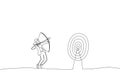 Drawing of blindfolded businesswoman shooting arrow and missed the target. Single continuous line art