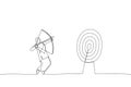 Drawing of blindfolded muslim businesswoman shooting arrow and missed the target. Single continuous line art