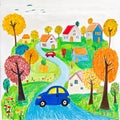 A drawing of a blue car driving down a road in a small town Royalty Free Stock Photo