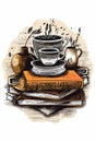 drawing of books and coffee epic composition generative AI Royalty Free Stock Photo