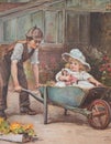 Drawing of a boy pushing a girl in a wooden wheelbarrow