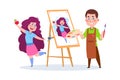 Drawing boy. School children with paints and brush, young painter. Cute girl posing for artist, guy draw on easel vector