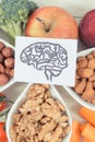 Drawing of brain and healthy food for power and good memory, nutritious eating containing natural minerals Royalty Free Stock Photo