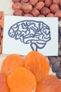 Drawing of brain and healthy food for power and good memory, nutritious eating containing vitamins and minerals Royalty Free Stock Photo