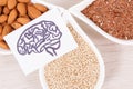 Drawing of brain and healthy food for power and good memory, nutritious eating containing vitamins and minerals Royalty Free Stock Photo