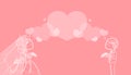 Drawing of bride and groom are holding a bouquet and face each other in their wedding with hearts on the air on pink background Royalty Free Stock Photo