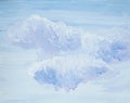 Drawing of bright blue sky, white fluffy clouds