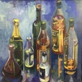 Drawing bright bottles alcohol, square frame