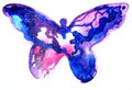 Drawing of bright butterfly, galaxy pink blue sky