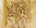 Drawing of bright golden lilies, three magical flowers glow