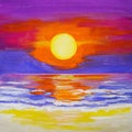 Drawing of bright sea sunset sunrise, yellow red clouds Royalty Free Stock Photo