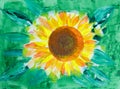 Drawing of bright sunflower, neon green leaves