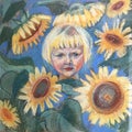 Drawing of bright sunny girl among sunflowers