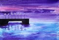 Drawing of bright violet sky, blue sea