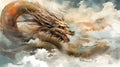 Drawing of a Bronze Traditional Chinese Dragon flying in the sky with textured clouds