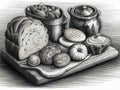 Drawing a bunch of different types of bread lies on a cutting board done in black and white style. AI generated, AI generative, AI Royalty Free Stock Photo