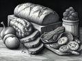 Drawing a bunch of different types of bread lies on a cutting board done in black and white style. AI generated, AI generative, AI Royalty Free Stock Photo