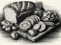Drawing a bunch of different types of bread lies on a cutting board done in black and white style. AI generated, AI generative, AI Royalty Free Stock Photo