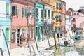 Drawing of Burano Island, Venice, Italy Royalty Free Stock Photo