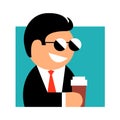 Drawing of a business modern man in sunglasses  a tie and with a coffee Royalty Free Stock Photo