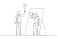 Drawing of business woman having ide lightbulb looking into mirror have reflection holding award trophy. One line art style