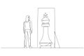 Drawing of business woman standing infront of mirror seeing inner king chess piece concept of positive mindset. Single continuous
