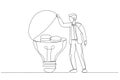 Drawing of businessman chasing and catch flying lightbulb ideas with net concept of business ideas. Single continuous line art