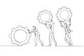 Drawing of businessman and colleague people holding cogwheels gear teamwork make dreamwork organization. Continuous line art style