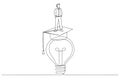 Drawing of businessman go inside light bulb to fix or invent new idea metaphor of entrepreneurship. Continuous line art