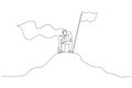 Drawing of businessman with hero cape on mountain. Single continuous line art style Royalty Free Stock Photo