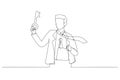 Drawing of businessman holding big key about to unlock keyhole on his body. Metaphor for reach true potential, personal career