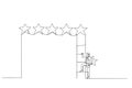 Drawing of businessman holding 5th star climb up ladder to put on best rating. Concept of customer feedback. Continuous line art Royalty Free Stock Photo